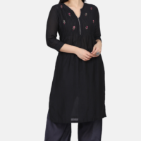 Kurta With Delicately Hand Embroidered Yoke And Contrast Neck Piping