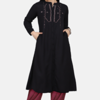 Black Hand Embroidered Viscose Dobby Kurta