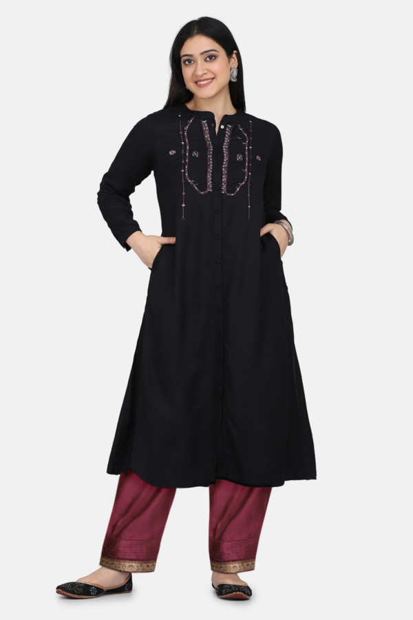 Black Hand Embroidered Viscose Dobby Kurta