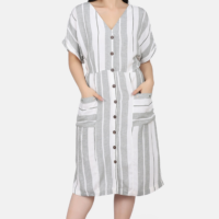 27 White And Green Yarn Dyed Dress With Wooden Buttons And Floral Hand Embroidery On Pockets