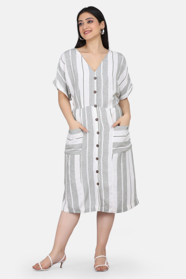 27 White And Green Yarn Dyed Dress With Wooden Buttons And Floral Hand Embroidery On Pockets