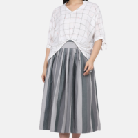 28 Checkred Cotton Linen High Low Top With Delicate Floral Hand Embroidery