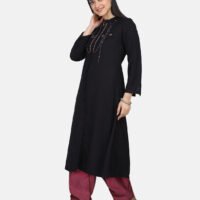Black Hand Embroidered Viscose Dobby Kurta