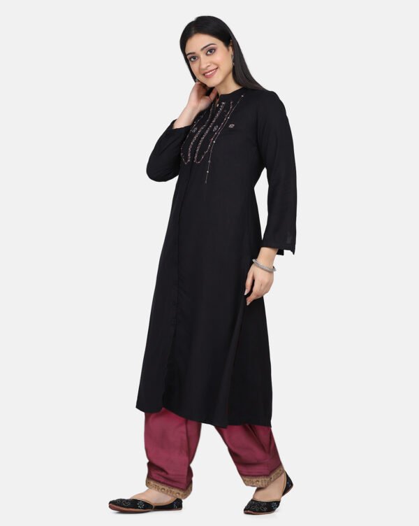 Black Hand Embroidered Viscose Dobby Kurta