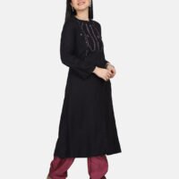 Black Hand Embroidered Viscose Dobby Kurta