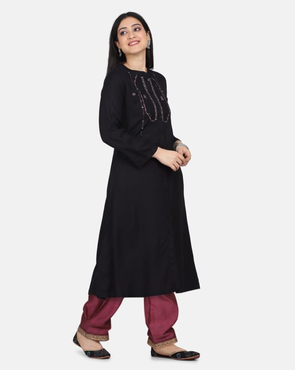 Black Hand Embroidered Viscose Dobby Kurta