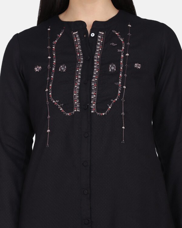 Black Hand Embroidered Viscose Dobby Kurta