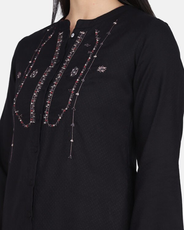 Black Hand Embroidered Viscose Dobby Kurta