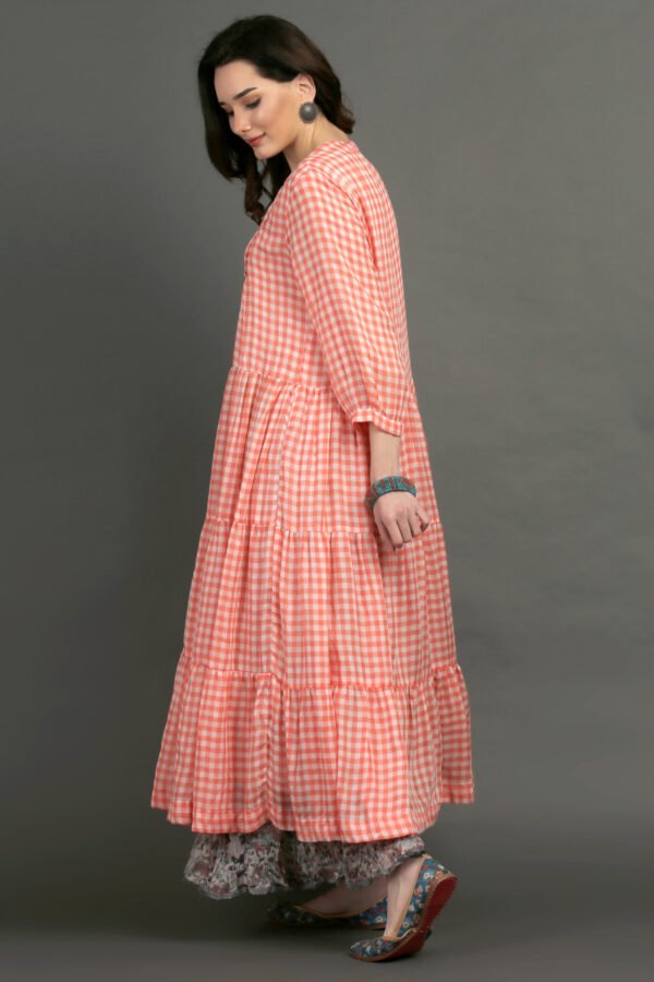 IMG_0848 Coral Yarn Dyed Hand Embroidered Tiered Dress With Cotton Slub Printed Crinkled Skir (Set Of 2)