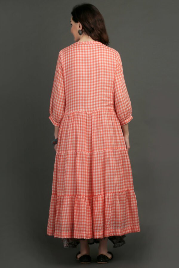 IMG_0849 Coral Yarn Dyed Hand Embroidered Tiered Dress With Cotton Slub Printed Crinkled Skir (Set Of 2)