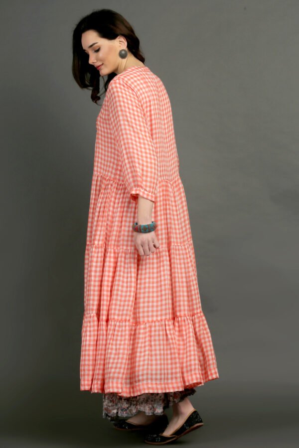 IMG_0850 Coral Yarn Dyed Hand Embroidered Tiered Dress With Cotton Slub Printed Crinkled Skir (Set Of 2)