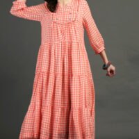 IMG_0853 Coral Yarn Dyed Hand Embroidered Tiered Dress With Cotton Slub Printed Crinkled Skir (Set Of 2)