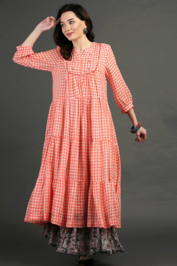 IMG_0853 Coral Yarn Dyed Hand Embroidered Tiered Dress With Cotton Slub Printed Crinkled Skir (Set Of 2)