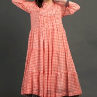 IMG_0854 Coral Yarn Dyed Hand Embroidered Tiered Dress With Cotton Slub Printed Crinkled Skir (Set Of 2)