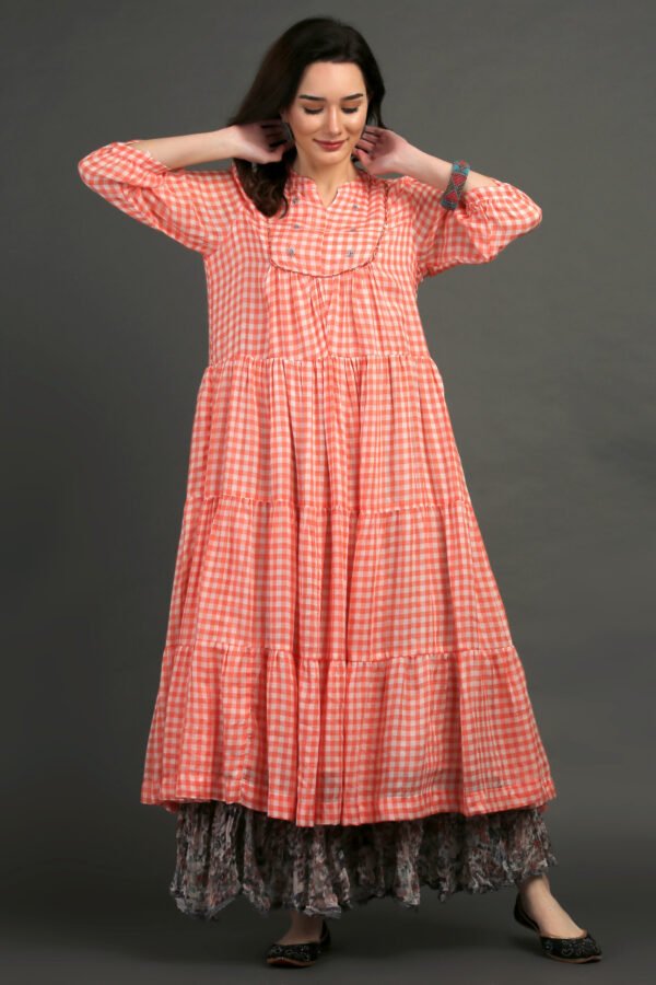 IMG_0854 Coral Yarn Dyed Hand Embroidered Tiered Dress With Cotton Slub Printed Crinkled Skir (Set Of 2)