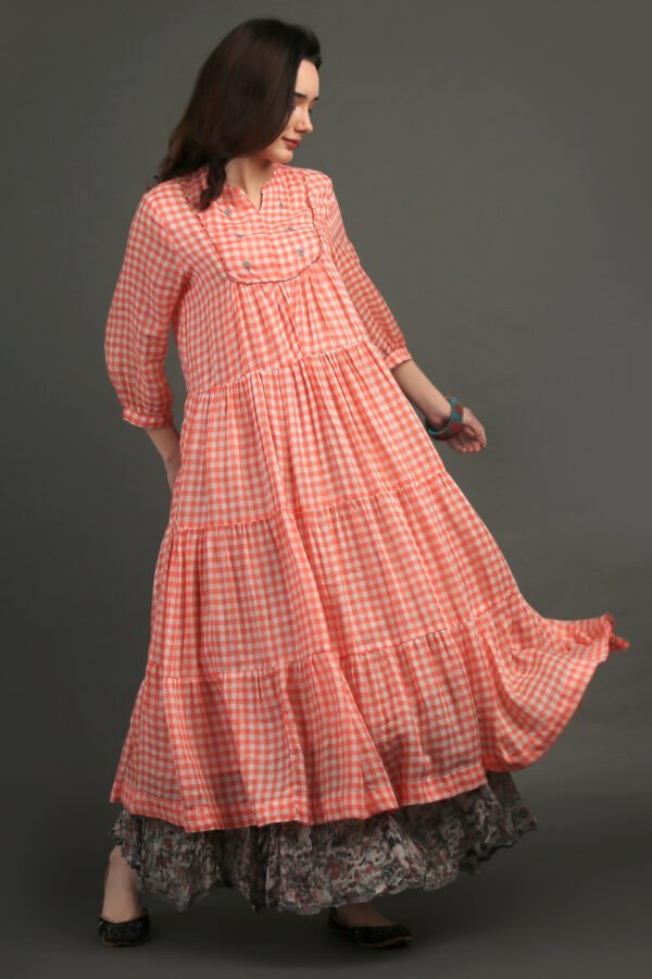 IMG_0858 Coral Yarn Dyed Hand Embroidered Tiered Dress With Cotton Slub Printed Crinkled Skir (Set Of 2)