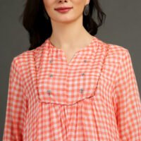 IMG_0861 Coral Yarn Dyed Hand Embroidered Tiered Dress With Cotton Slub Printed Crinkled Skir (Set Of 2)