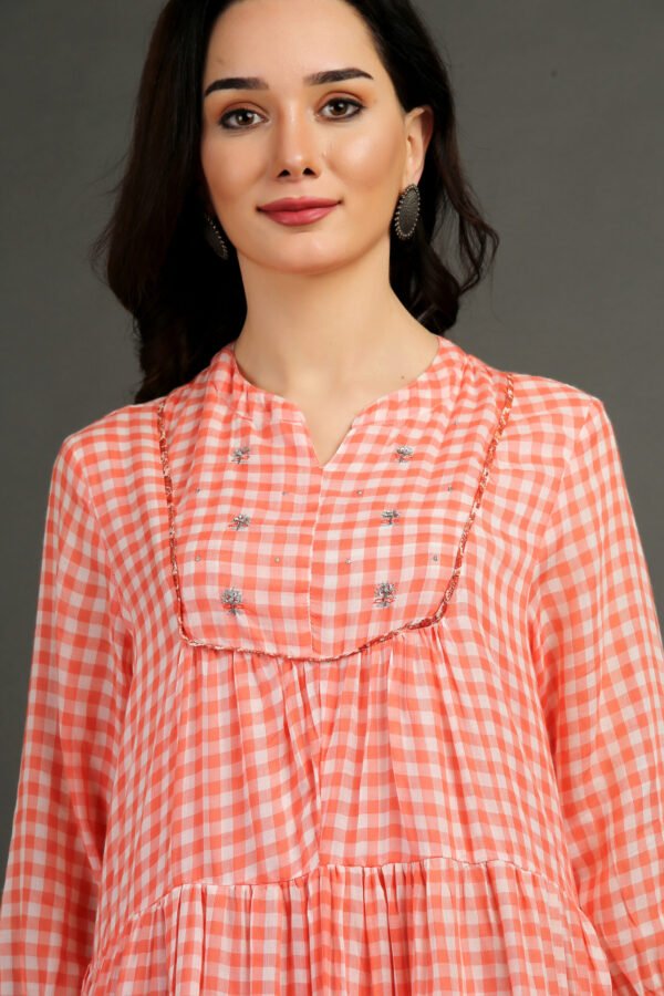 IMG_0861 Coral Yarn Dyed Hand Embroidered Tiered Dress With Cotton Slub Printed Crinkled Skir (Set Of 2)