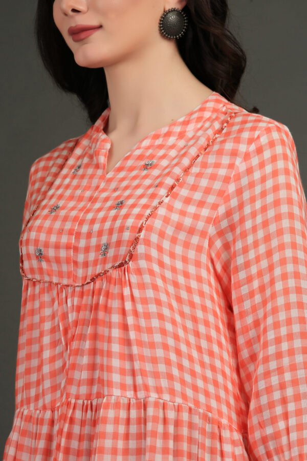 IMG_0862 Coral Yarn Dyed Hand Embroidered Tiered Dress With Cotton Slub Printed Crinkled Skir (Set Of 2)