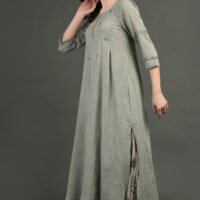 IMG_0869 Cotton Slub Hand Embroidered Kurta With Prined Cotton Crinkled Skirt (Set Of 2)