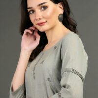 IMG_0870 Cotton Slub Hand Embroidered Kurta With Prined Cotton Crinkled Skirt (Set Of 2)