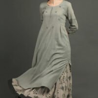 IMG_0875 Cotton Slub Hand Embroidered Kurta With Prined Cotton Crinkled Skirt (Set Of 2)