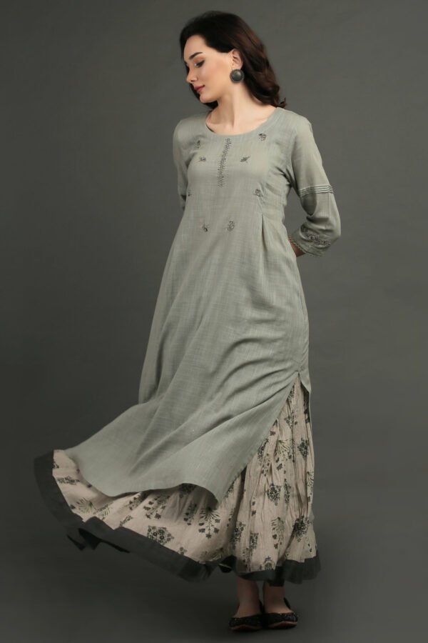 IMG_0875 Cotton Slub Hand Embroidered Kurta With Prined Cotton Crinkled Skirt (Set Of 2)