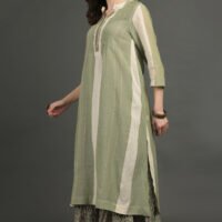 IMG_0884 Cotton Linen Yarn Dyed Dobby Kurta With Pintuck And Lace Detailing With Prined Cotton Crinkled Skirt(Set Of 2)