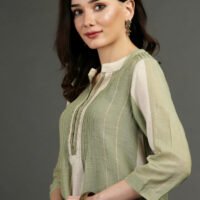 IMG_0885 Cotton Linen Yarn Dyed Dobby Kurta With Pintuck And Lace Detailing With Prined Cotton Crinkled Skirt(Set Of 2)