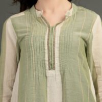 IMG_0888 Cotton Linen Yarn Dyed Dobby Kurta With Pintuck And Lace Detailing With Prined Cotton Crinkled Skirt(Set Of 2)
