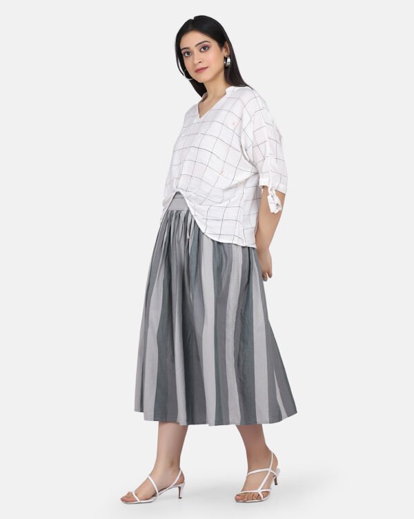 IMG_9910 Checkred Cotton Linen High Low Top With Delicate Floral Hand Embroidery