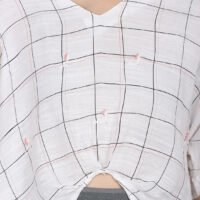 IMG_9916 Checkred Cotton Linen High Low Top With Delicate Floral Hand Embroidery