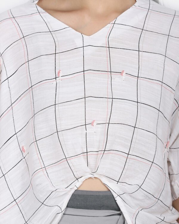 IMG_9916 Checkred Cotton Linen High Low Top With Delicate Floral Hand Embroidery