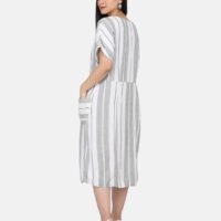 IMG_9923 White And Green Yarn Dyed Dress With Wooden Buttons And Floral Hand Embroidery On Pockets