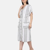 IMG_9927 White And Green Yarn Dyed Dress With Wooden Buttons And Floral Hand Embroidery On Pockets