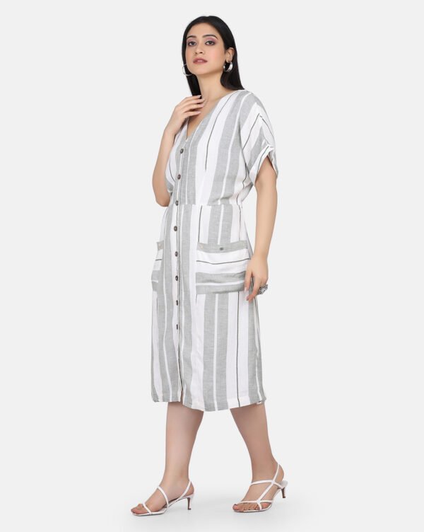 IMG_9927 White And Green Yarn Dyed Dress With Wooden Buttons And Floral Hand Embroidery On Pockets