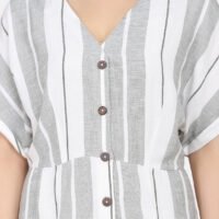 IMG_9930 White And Green Yarn Dyed Dress With Wooden Buttons And Floral Hand Embroidery On Pockets