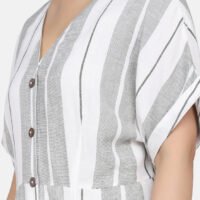 IMG_9931 White And Green Yarn Dyed Dress With Wooden Buttons And Floral Hand Embroidery On Pockets