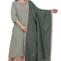 Cotton Silk Hand Thread Embroidered Kurta,Cotton Silk All Over Hand Thread Embroidered Dupatta,Cotton Dobby Crikled Skirt With Tissue Border(Set Of 3)