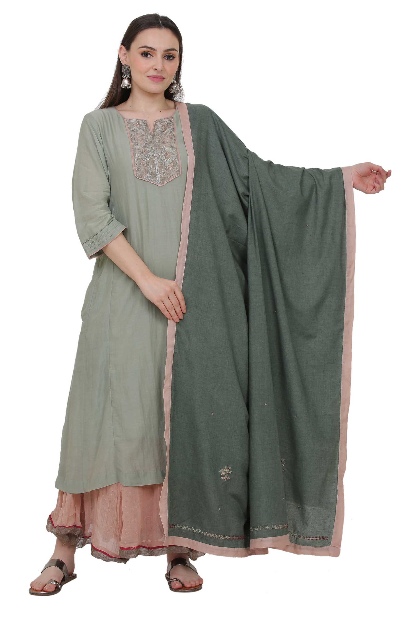 Cotton Silk Hand Thread Embroidered Kurta,Cotton Silk All Over Hand Thread Embroidered Dupatta,Cotton Dobby Crikled Skirt With Tissue Border(Set Of 3)