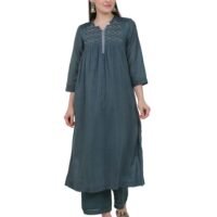 X90A7725 Cotton Silk Hand Smocked Kurta With Contrast Piping