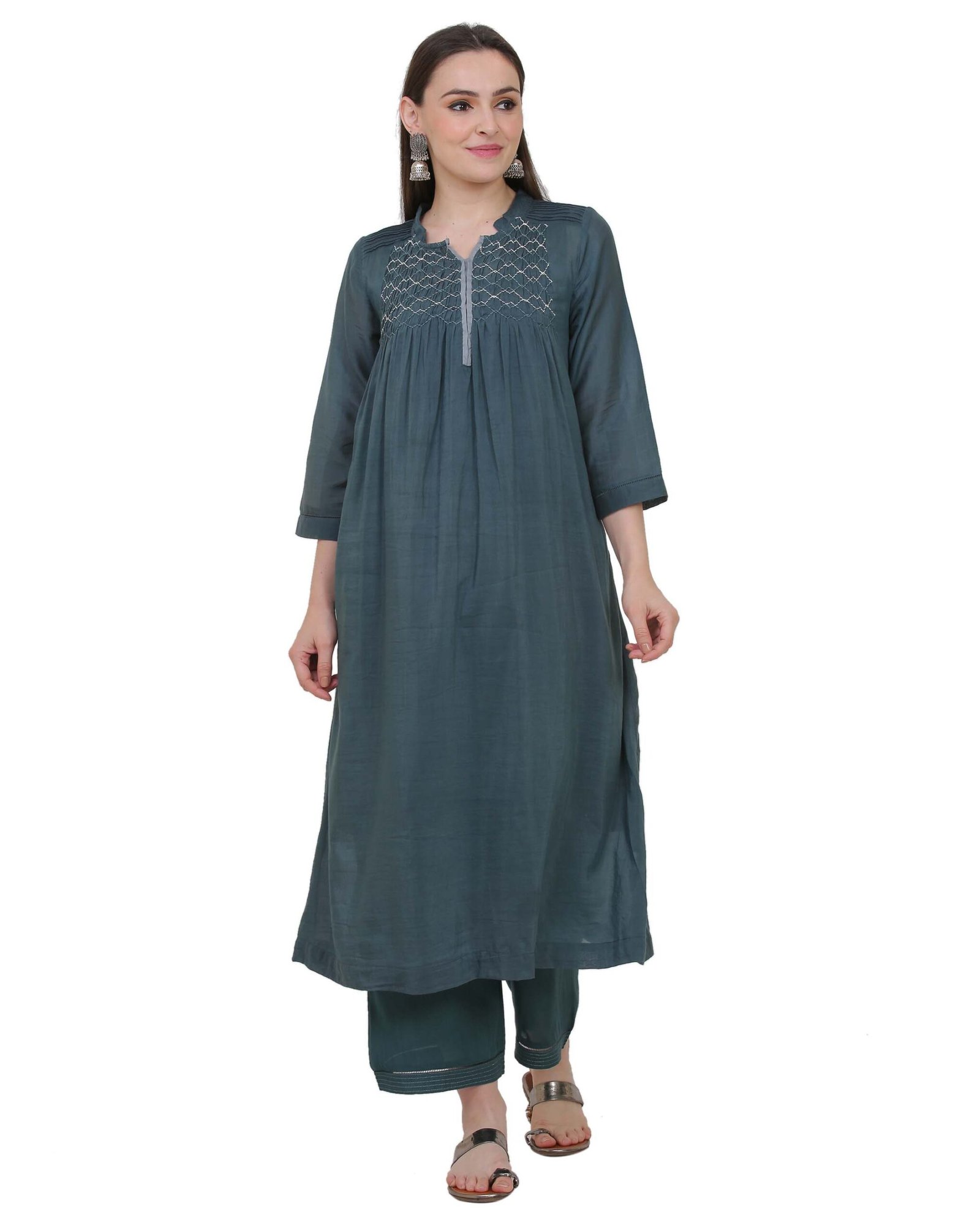 Cotton Silk Hand Smocked Kurta With Contrast Piping
