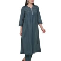 X90A7729 Cotton Silk Hand Smocked Kurta With Contrast Piping