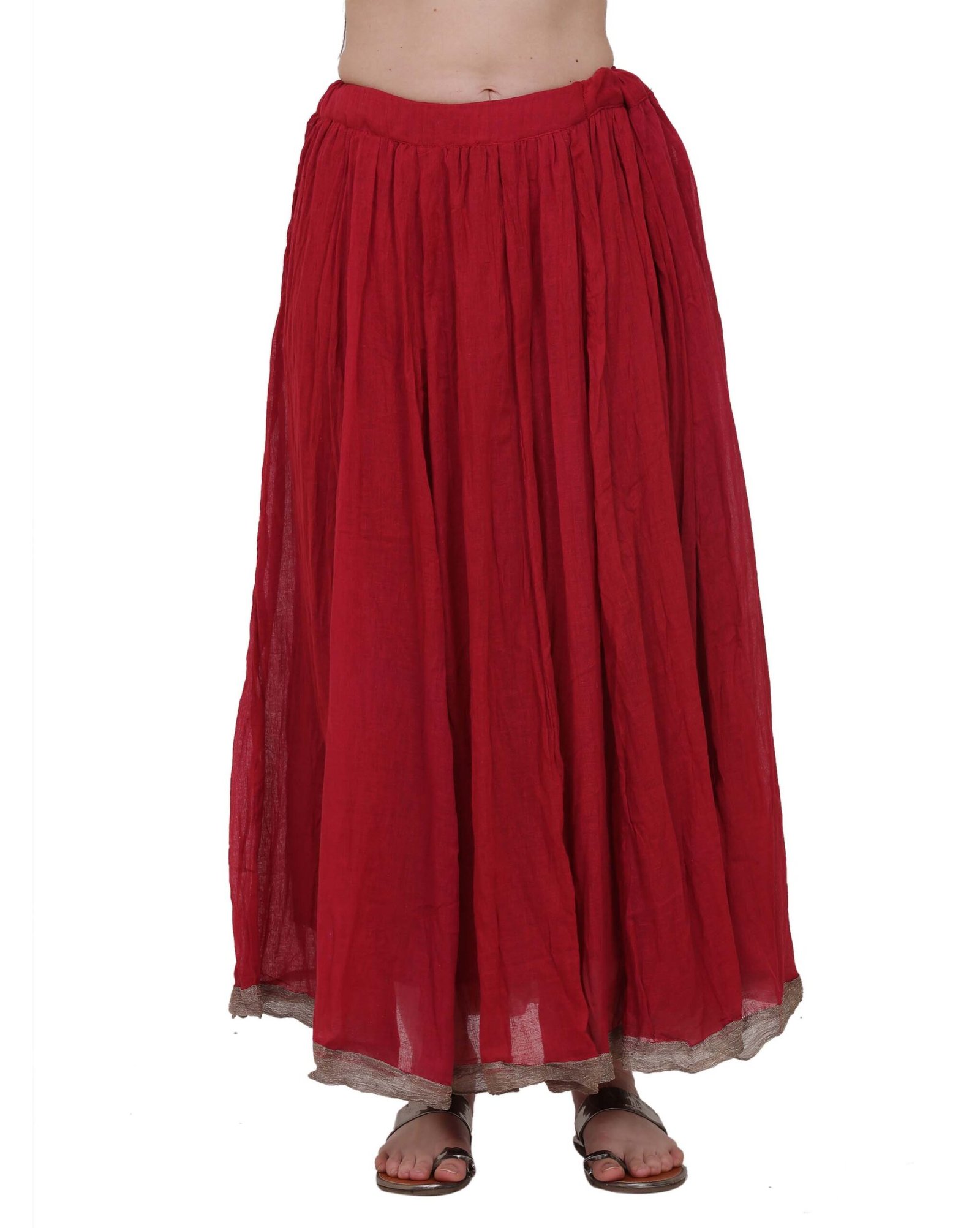 Red Mulmul Crinkle Skirt With Zari Lace (Free Size)