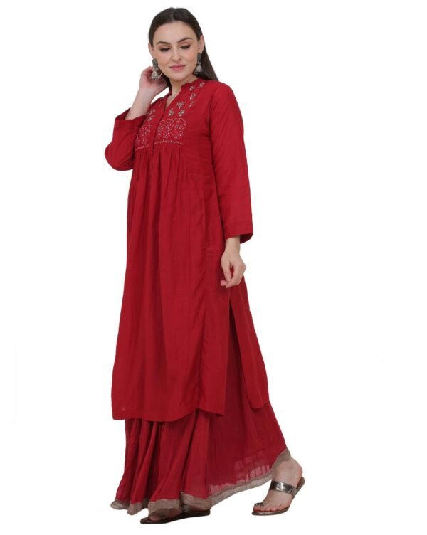 Red Cotton Silk Kurta With Delicate Zardozi Hand Embroidery On Yoke