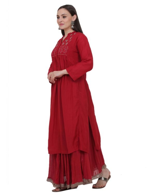 Red Cotton Silk Kurta With Delicate Zardozi Hand Embroidery On Yoke