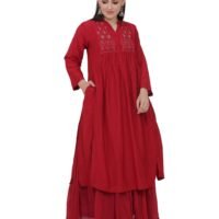 Red Mulmul Crinkle Skirt With Zari Lace (Free Size)