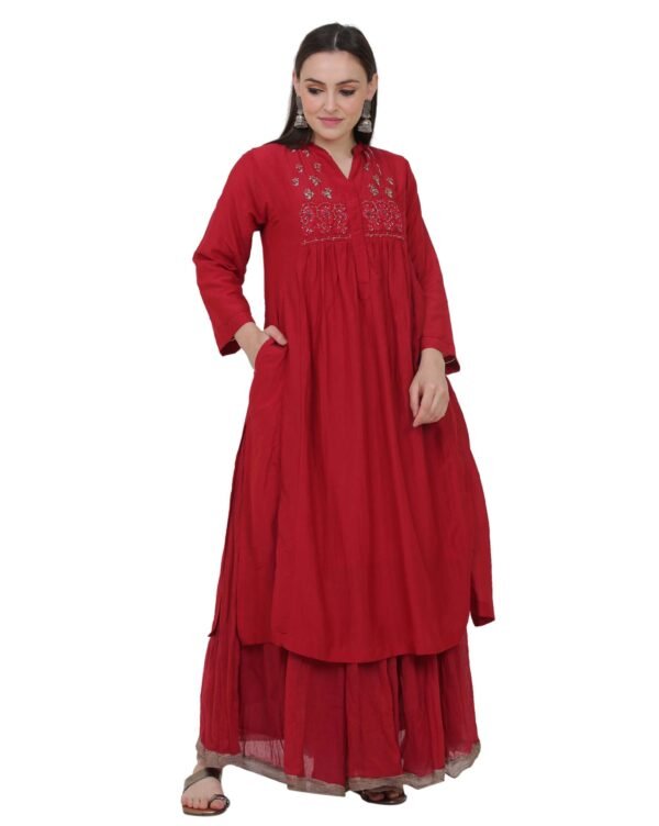 Red Cotton Silk Kurta With Delicate Zardozi Hand Embroidery On Yoke