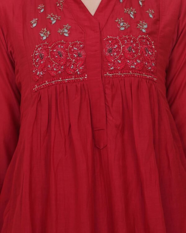 Red Cotton Silk Kurta With Delicate Zardozi Hand Embroidery On Yoke