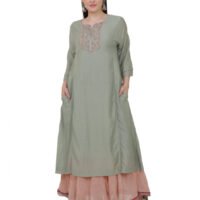 Cotton Silk Hand Thread Embroidered Kurta,Cotton Silk All Over Hand Thread Embroidered Dupatta,Cotton Dobby Crikled Skirt With Tissue Border(Set Of 3)